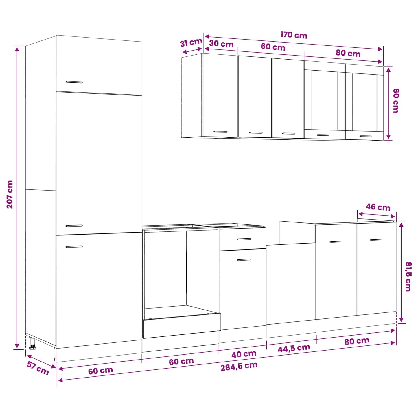 Keuken Eenheid Lyon 8 pcs Zwart eiken Bewerkt hout