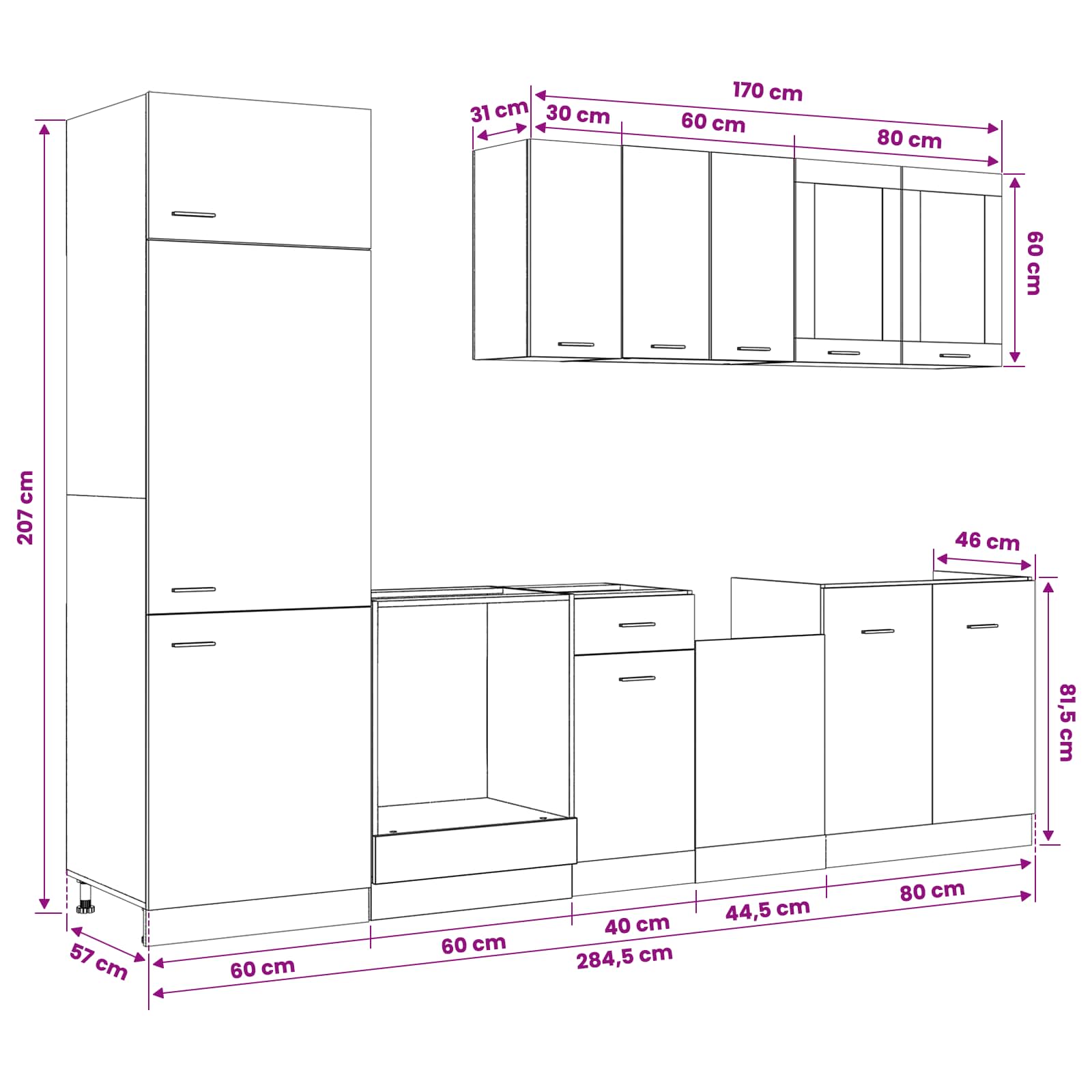 Keuken Eenheid Lyon 8 pcs Zwart eiken Bewerkt hout