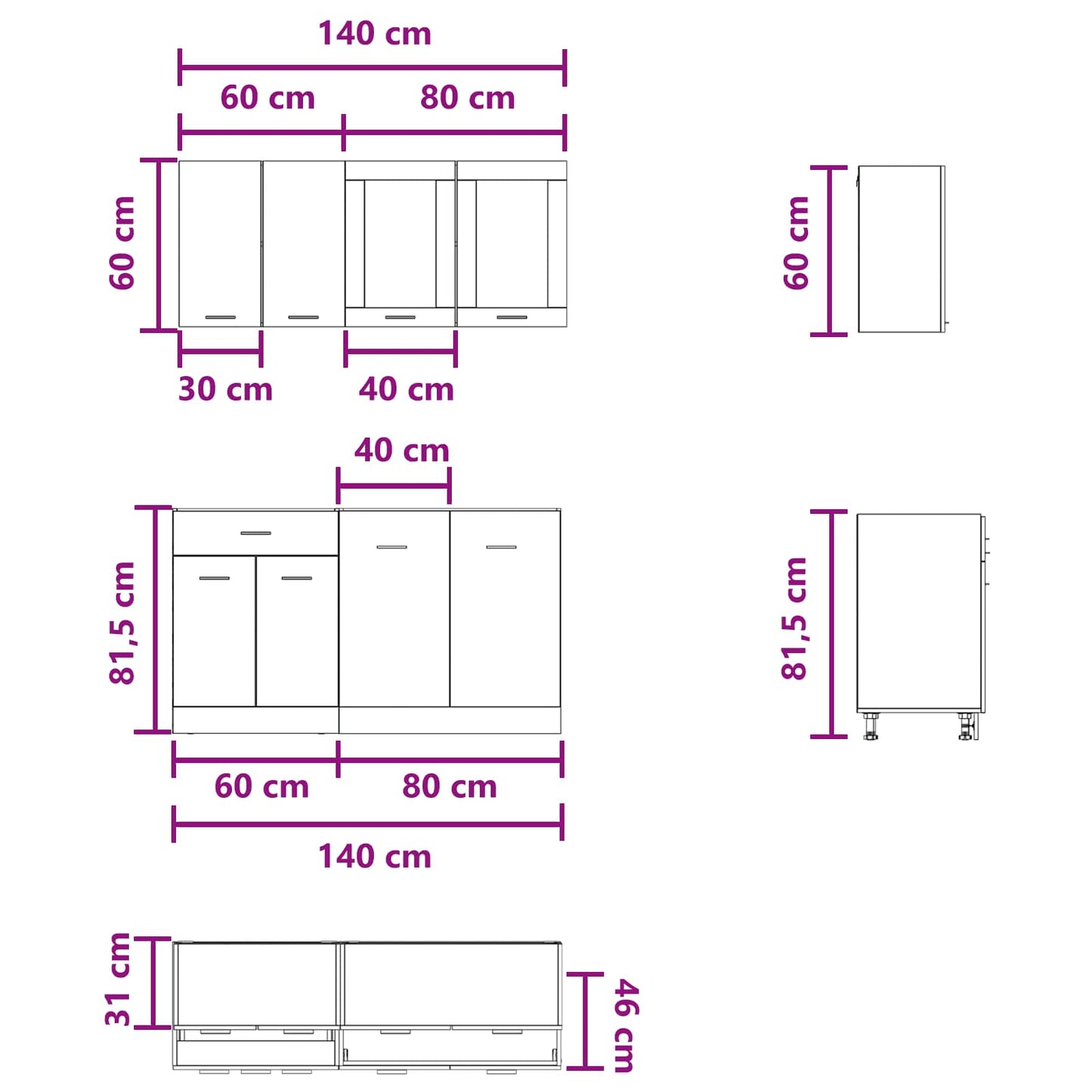 Keuken Eenheid Lyon 4 pcs Betongrijs Bewerkt hout