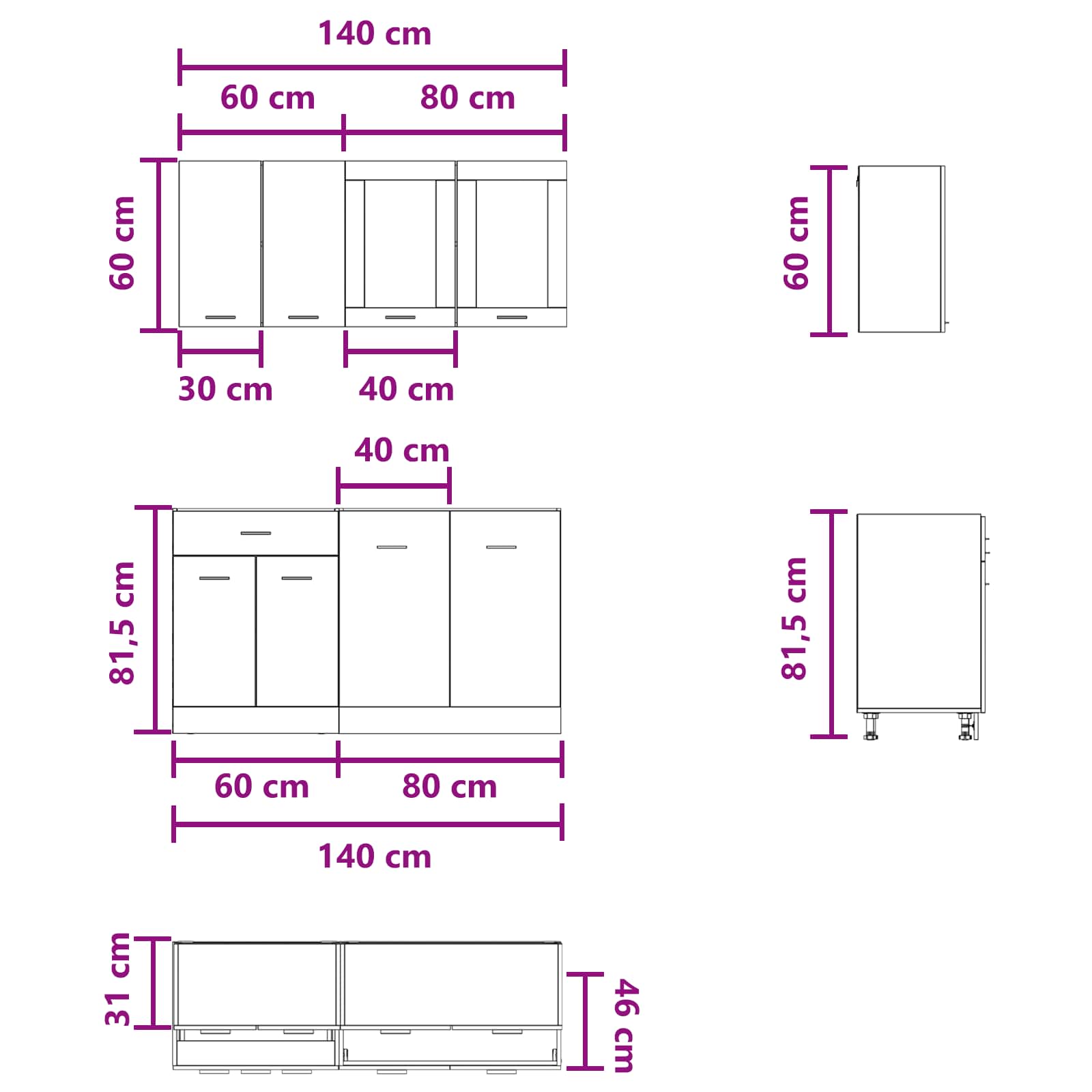 Keuken Eenheid Lyon 4 pcs Betongrijs Bewerkt hout