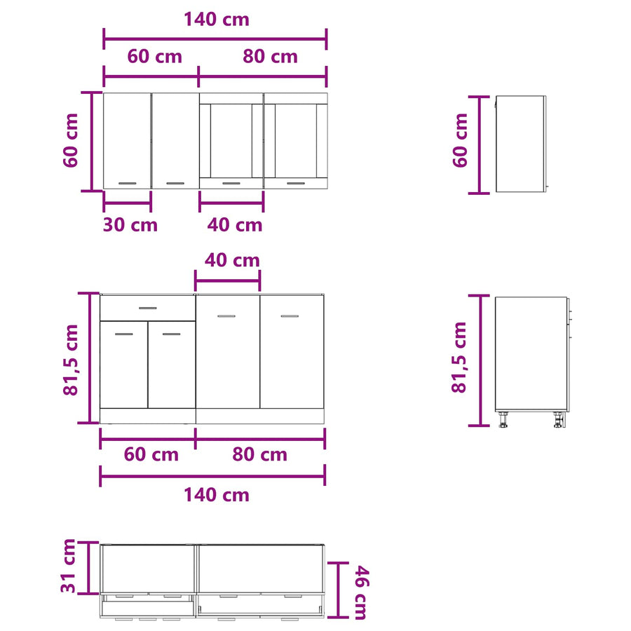 Keuken Eenheid Lyon 4 pcs Betongrijs Bewerkt hout