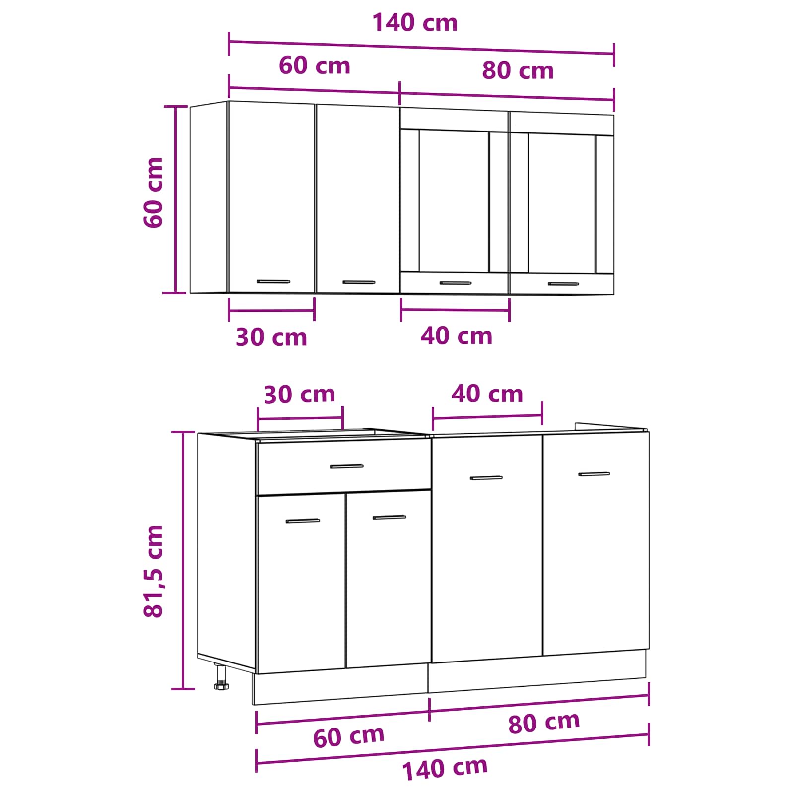 Keuken Eenheid Lyon 4 pcs Betongrijs Bewerkt hout