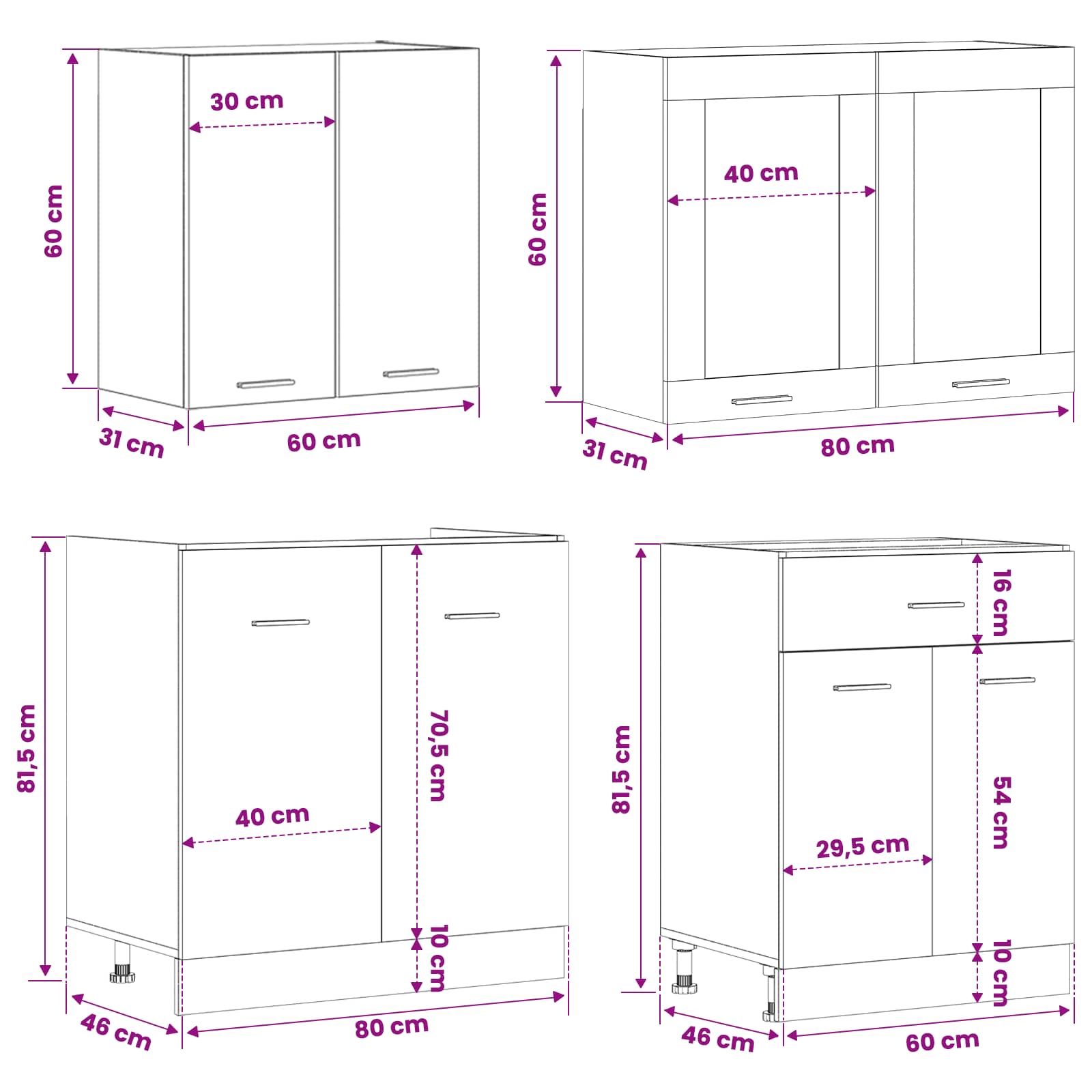 Keuken Eenheid Lyon 4 pcs Zwart eiken Bewerkt hout