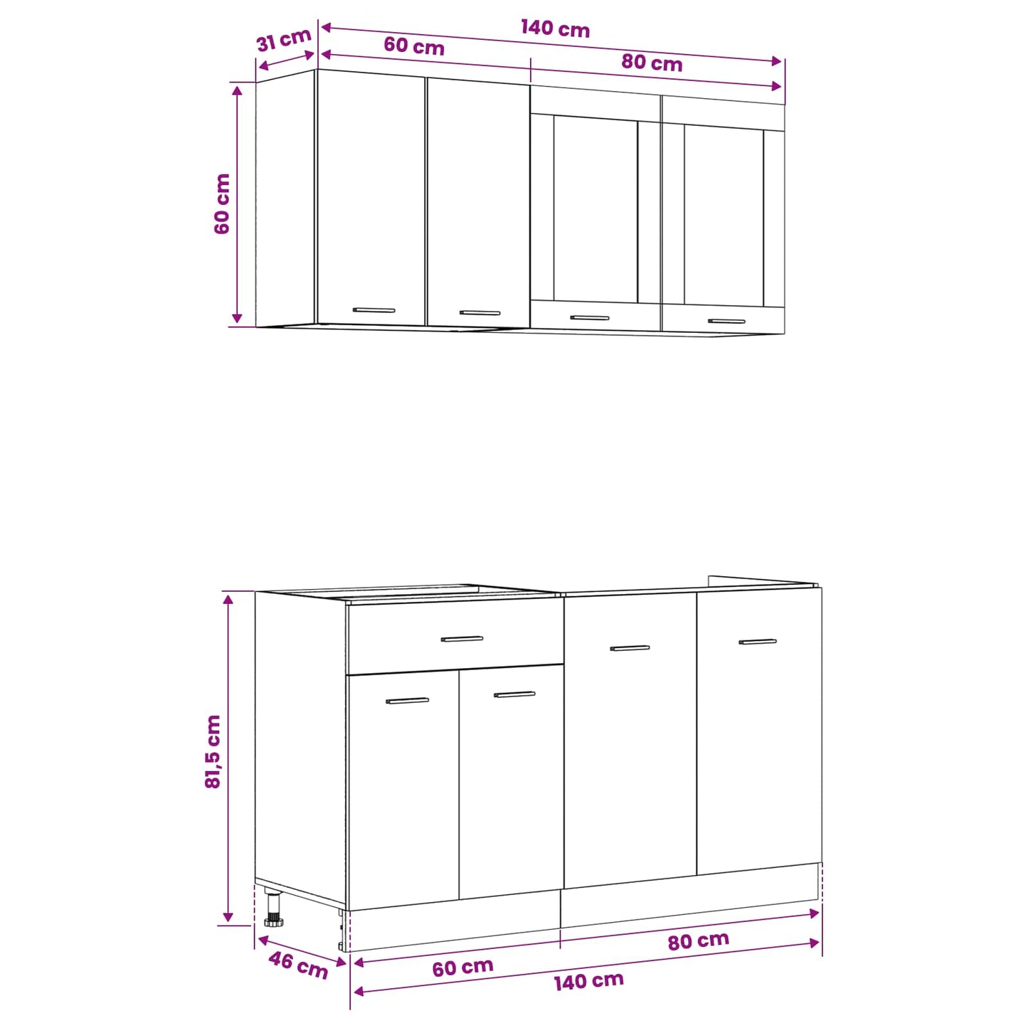 Keuken Eenheid Lyon 4 pcs Zwart eiken Bewerkt hout