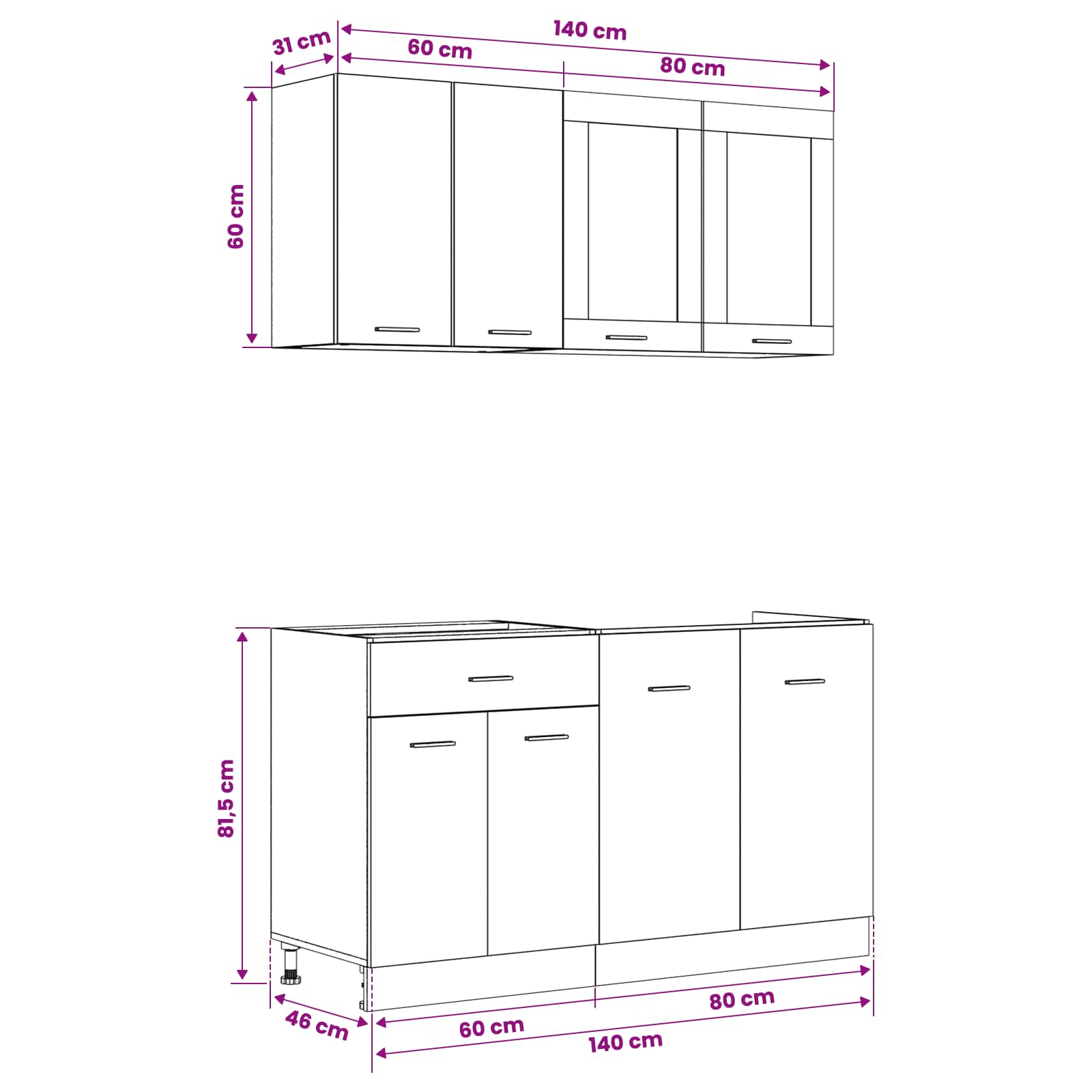 Keuken Eenheid Lyon 4 pcs Zwart eiken Bewerkt hout