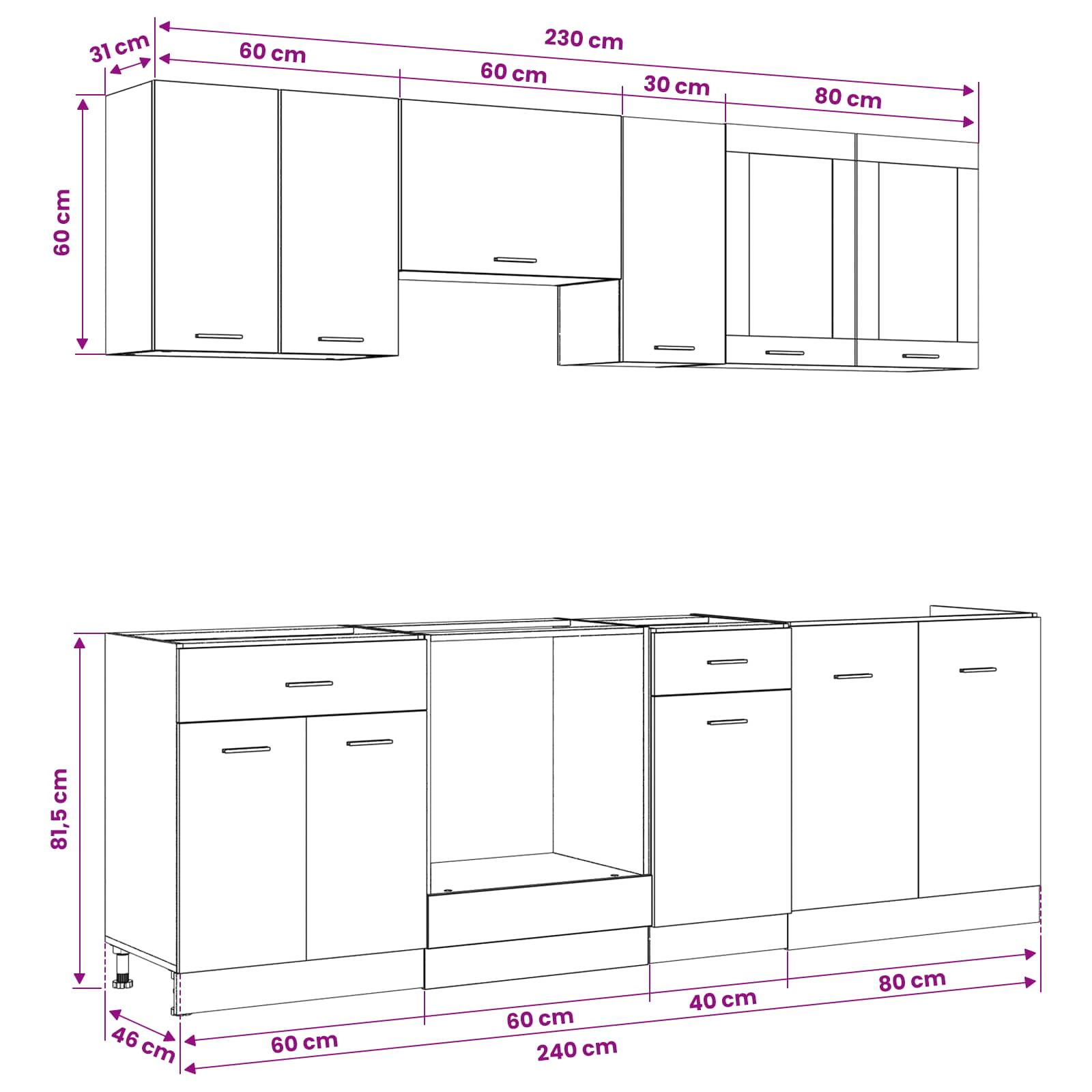 Keuken Eenheid Lyon 8 pcs Zwart eiken Bewerkt hout