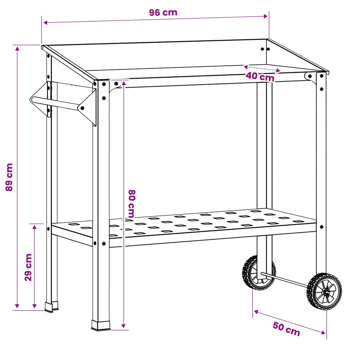 Pottafel met Wielen 96 x 50 x 89 cm Koudgewalst staal