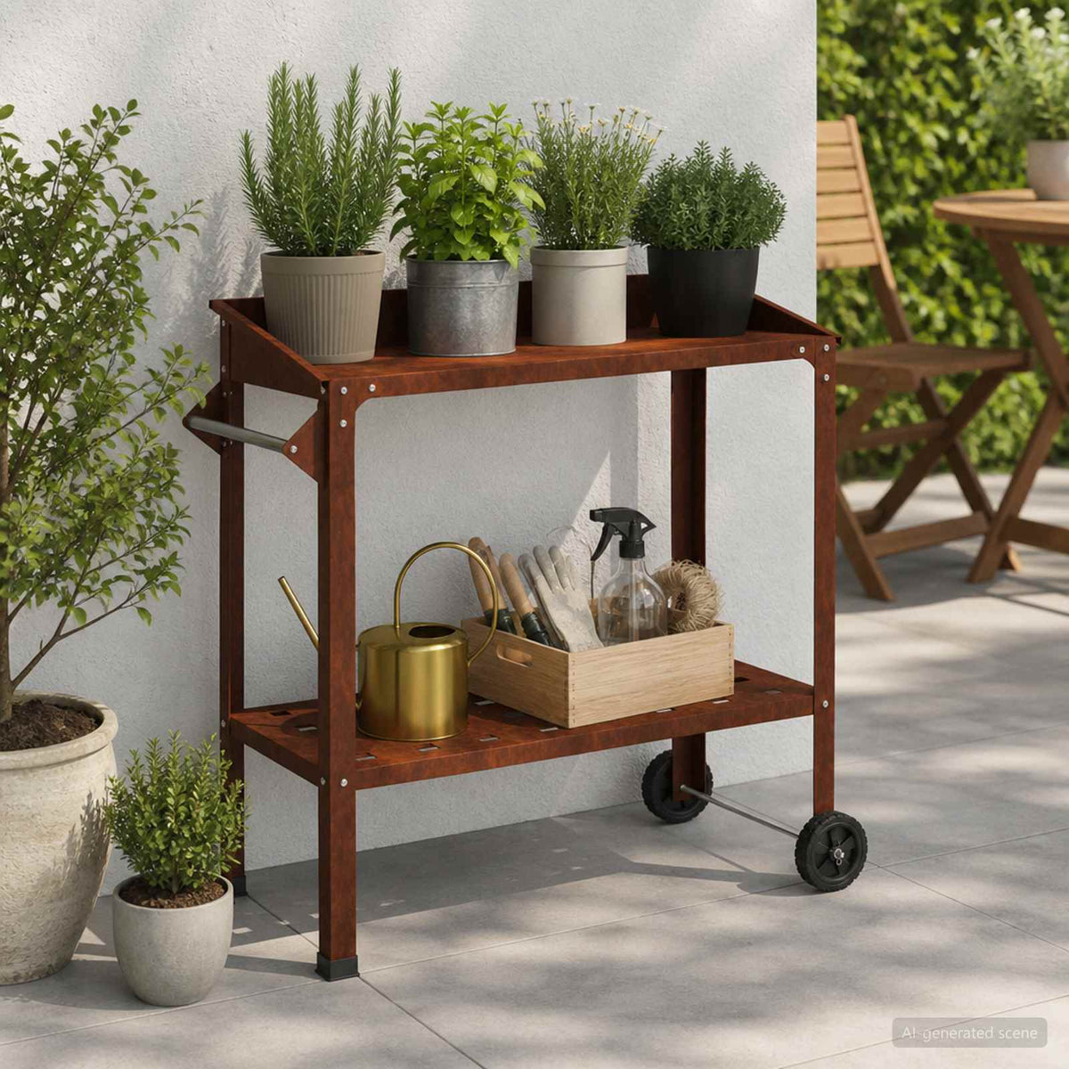Pottafel met Wielen 96 x 50 x 89 cm weervast staal Roestkleurig