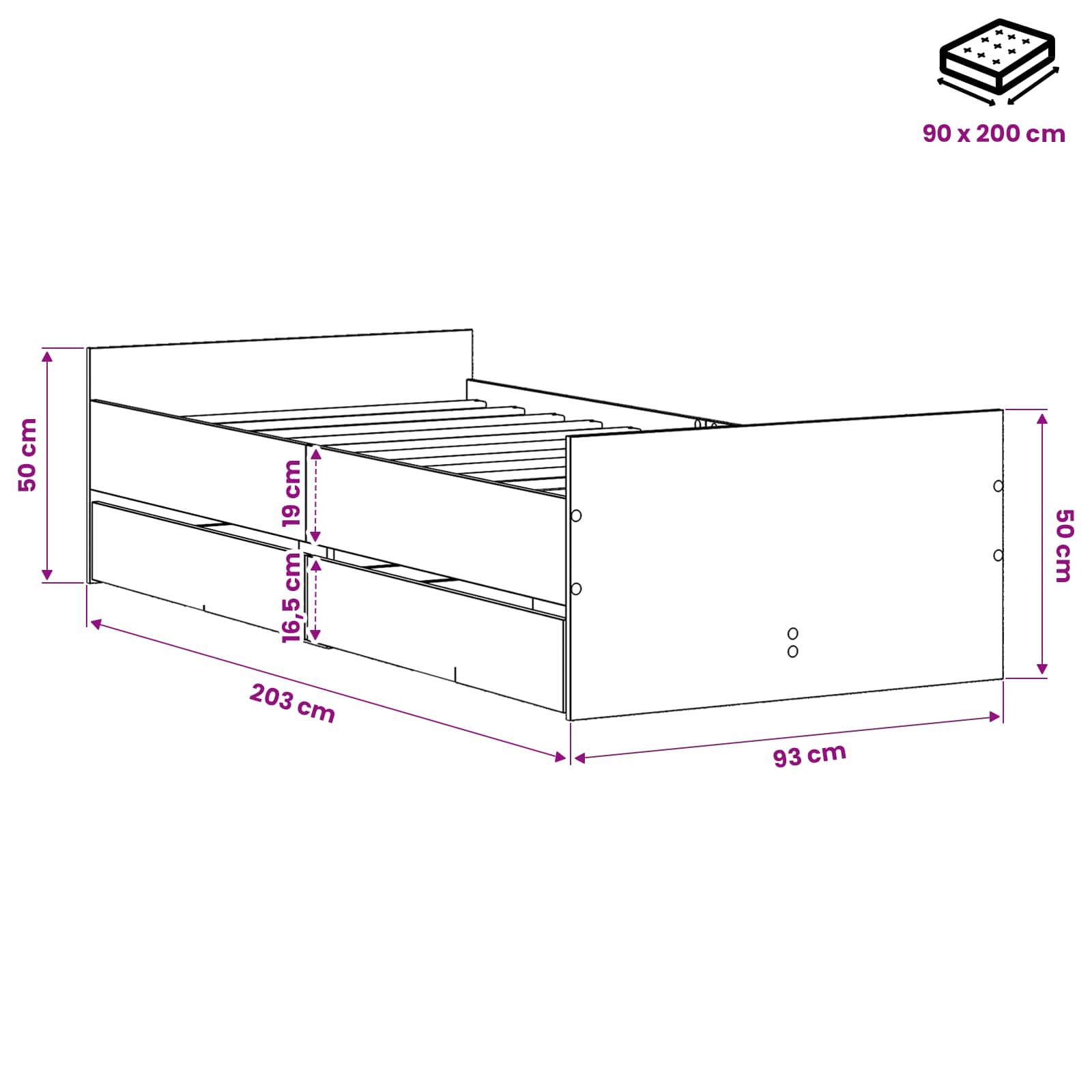 Bedframe Artisanaal eiken 90 x 200 cm Bewerkt hout