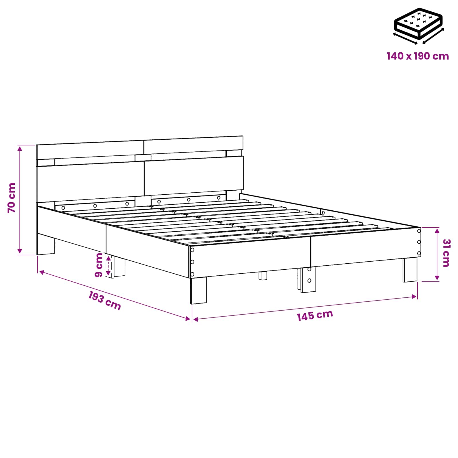 Bedframe Artisanaal eiken 140 x 190 cm Bewerkt hout
