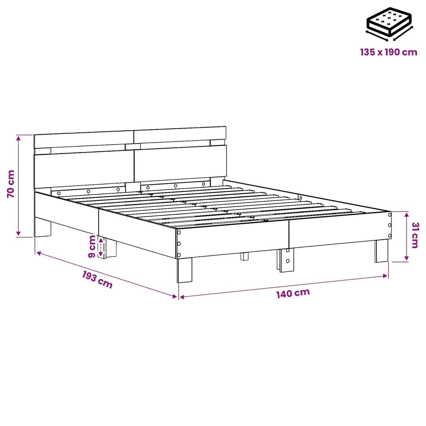 Bedframe Artisanaal eiken 135 x 190 cm Bewerkt hout