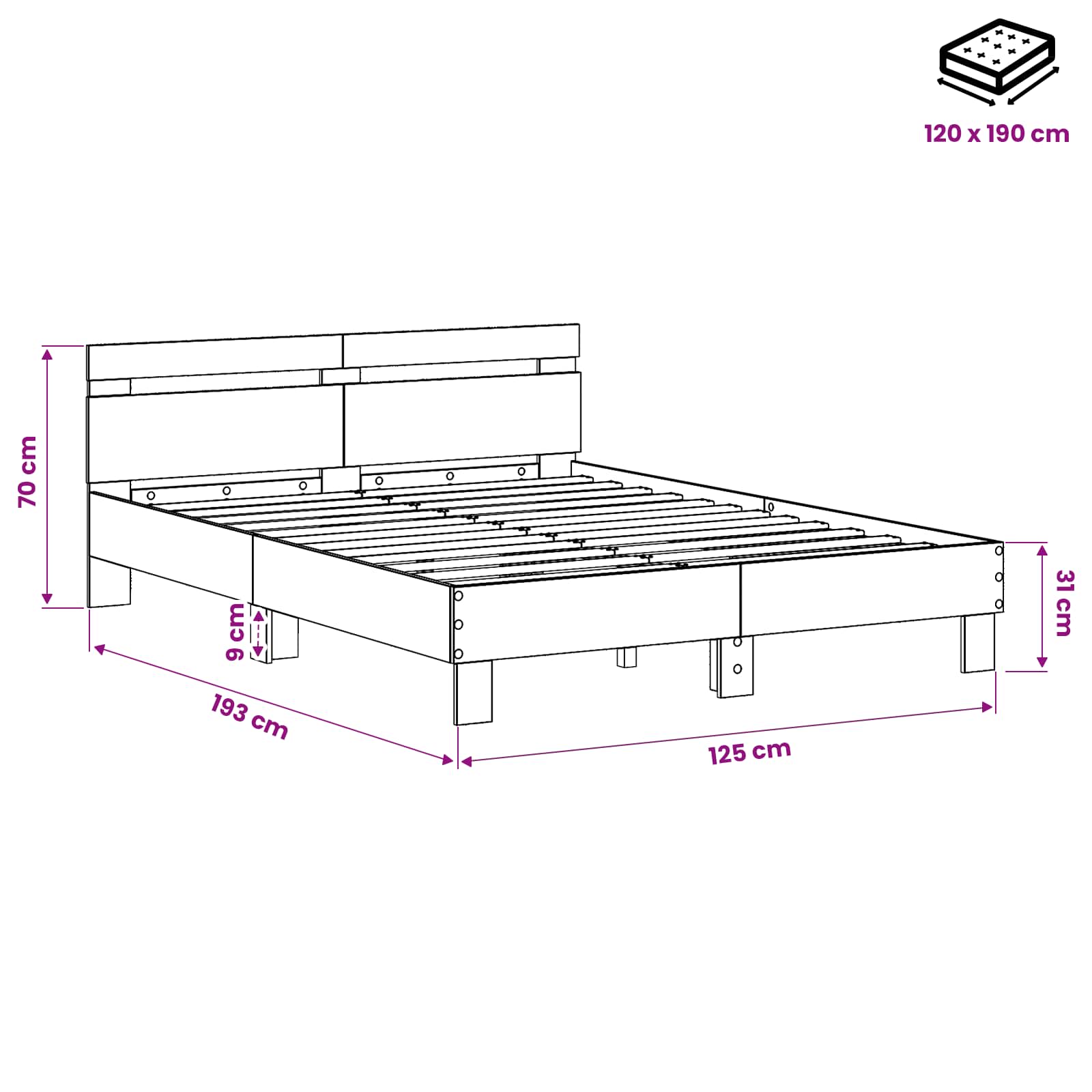 Bedframe Zwart eiken 120 x 190 cm Bewerkt hout