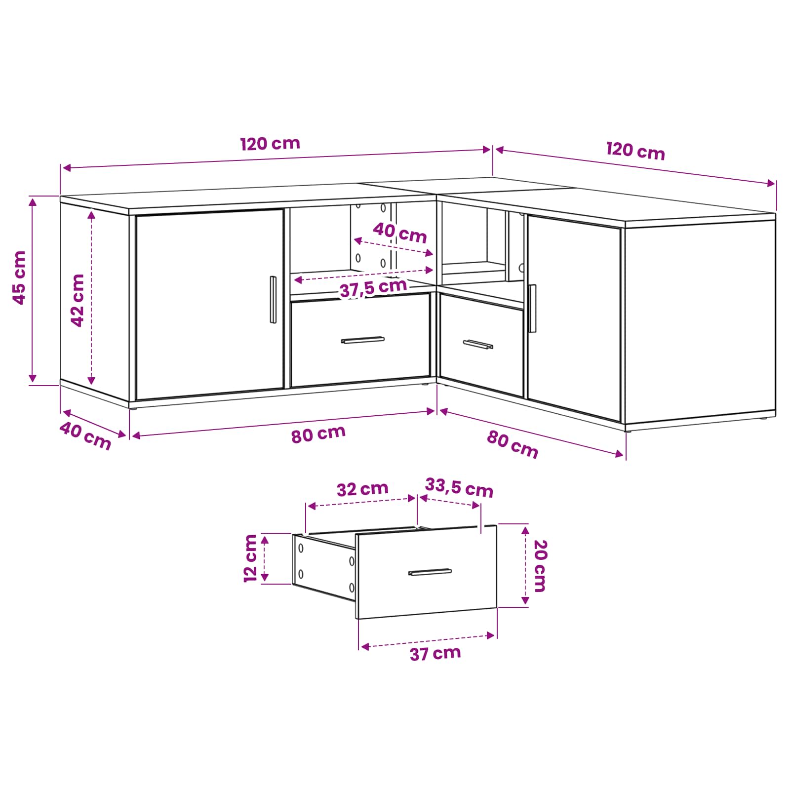 Hoekkast met lade Zwart eiken 200 x 40 x 45 cm Bewerkt hout
