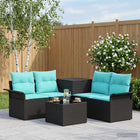 Loungeset 6-delig 4 zitplaatsen poly rattan zwart blauw