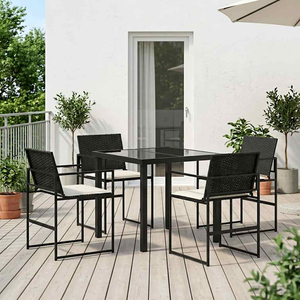 Tuin eettafelset met kussen 5 pcs Zwart en Crème poly rattan