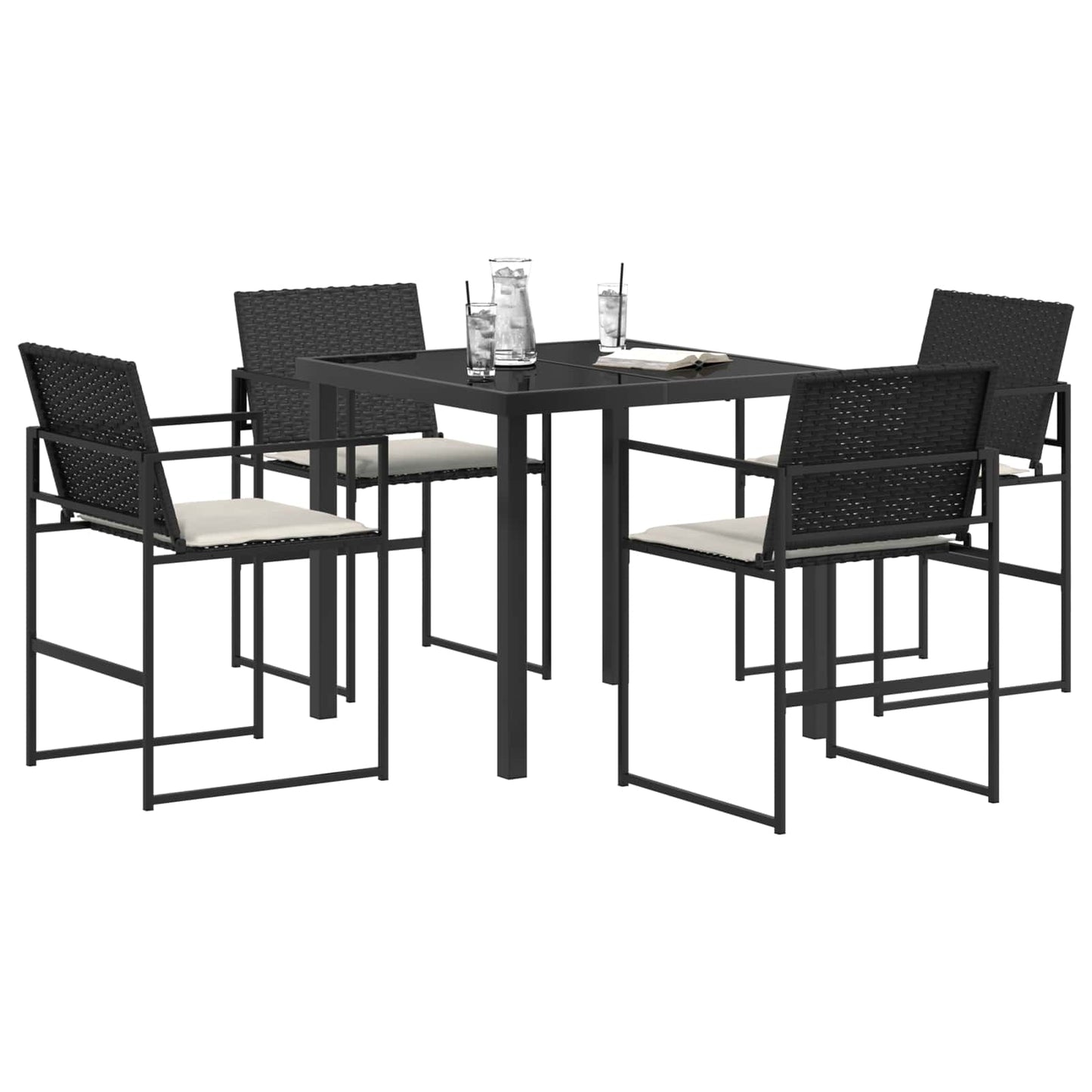 Tuin eettafelset met kussen 5 pcs Zwart en Crème poly rattan