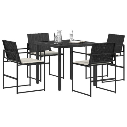 Tuin eettafelset met kussen 5 pcs Zwart en Crème poly rattan