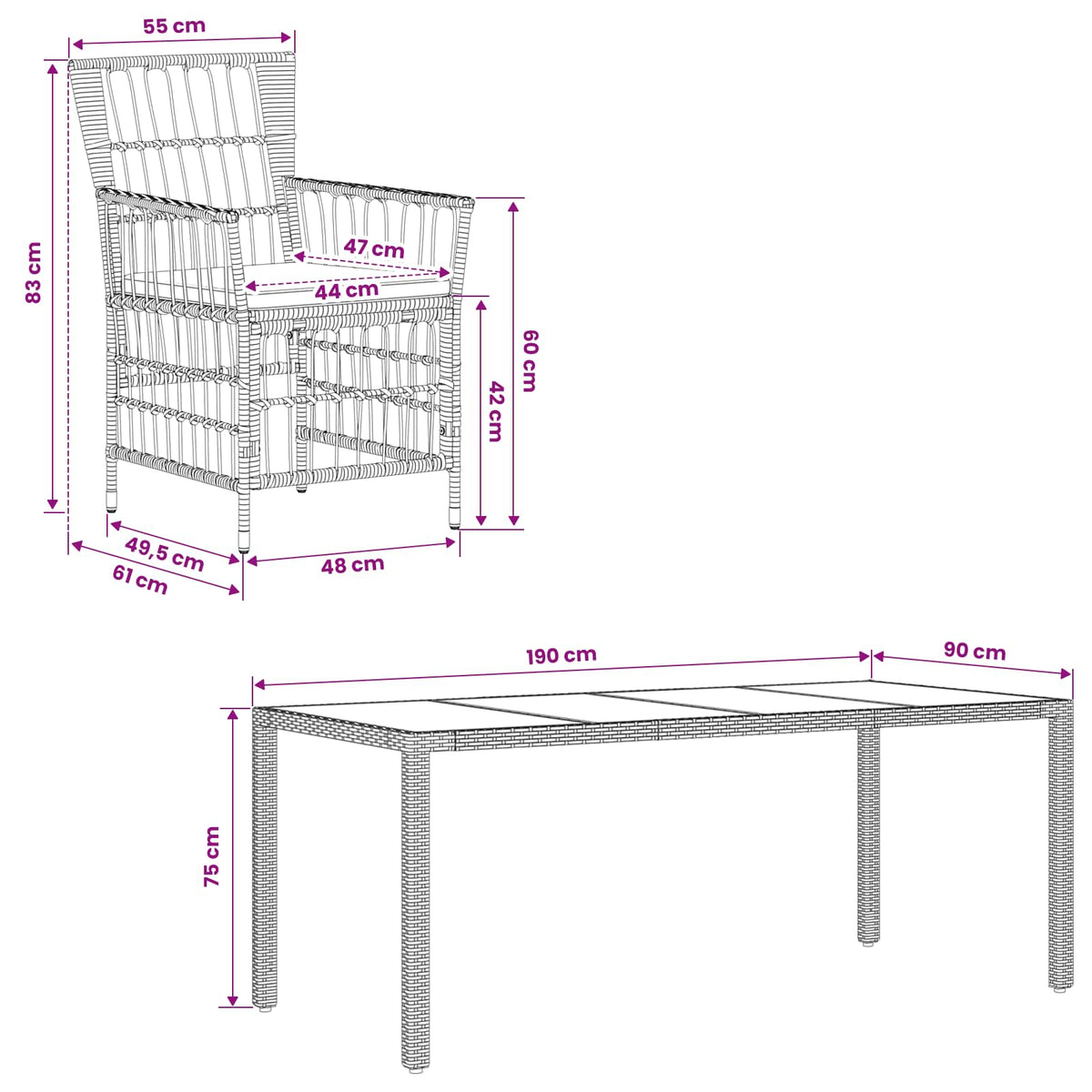 Buiten eettafelset 7 st Zwart poly rattan