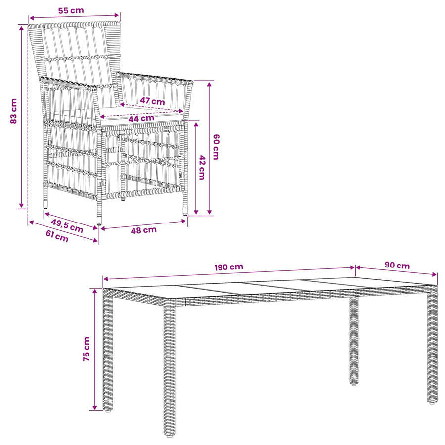 Buiten eettafelset 7 st Grijs poly rattan