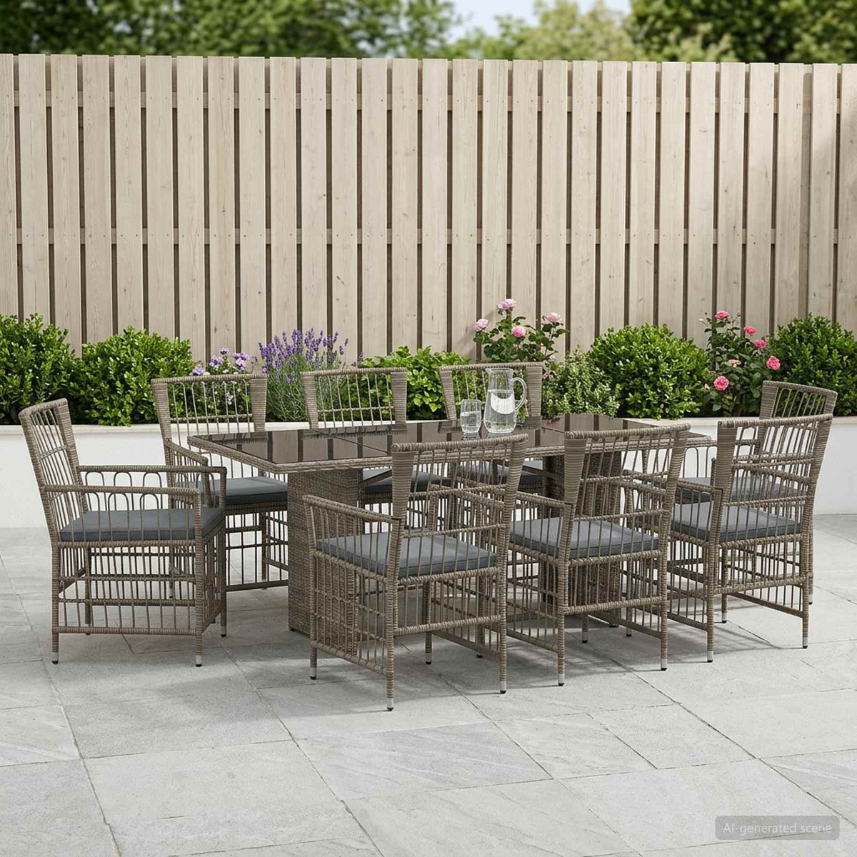 Buiten eettafelset 9 st Grijs poly rattan