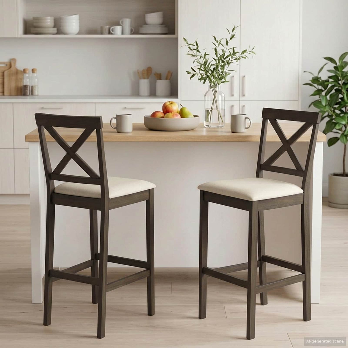 Barkruk 2 st Lichtbruin en Beige Massief Rubberhout en Stof
