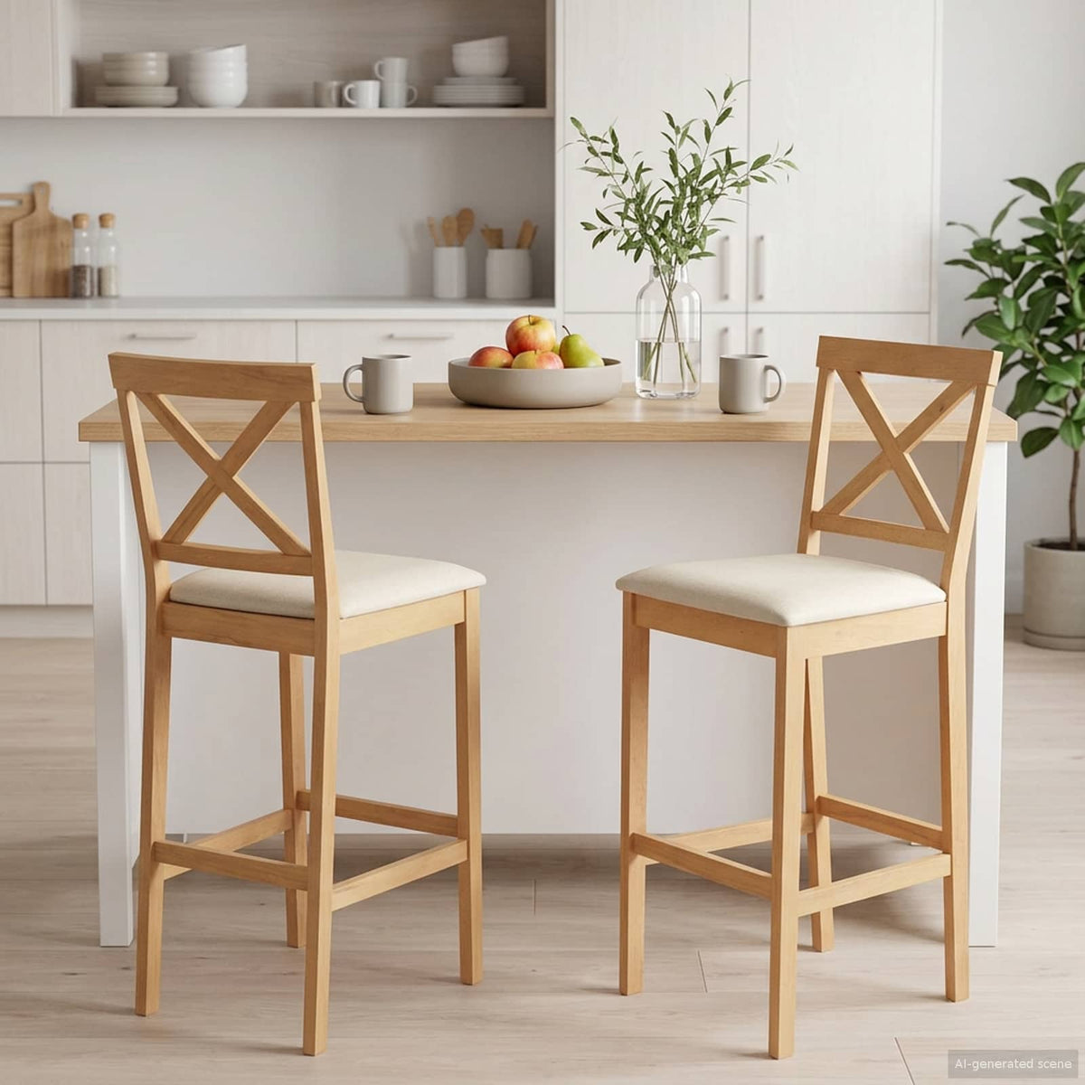 Barkruk 2 st Naturel en Beige Massief Rubberhout en Stof