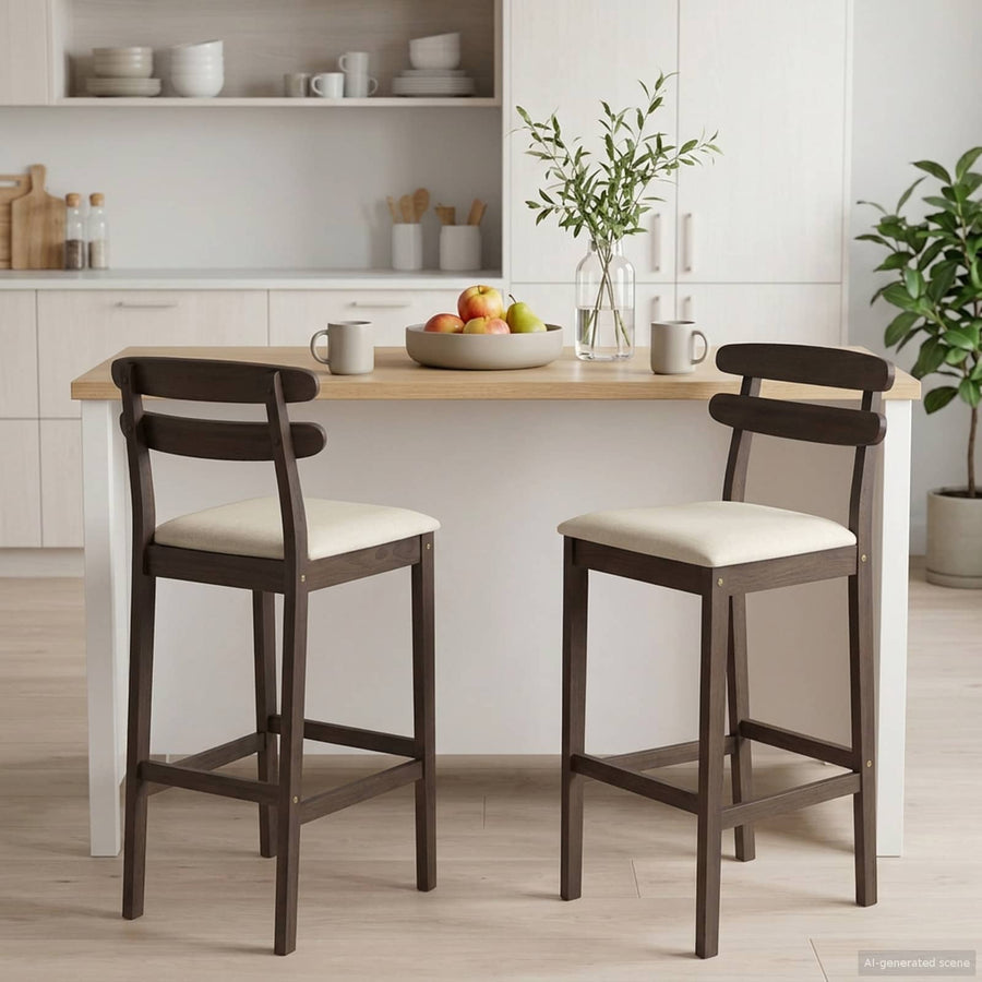 Barkruk 2 st Lichtbruin en Beige Massief Rubberhout en Stof