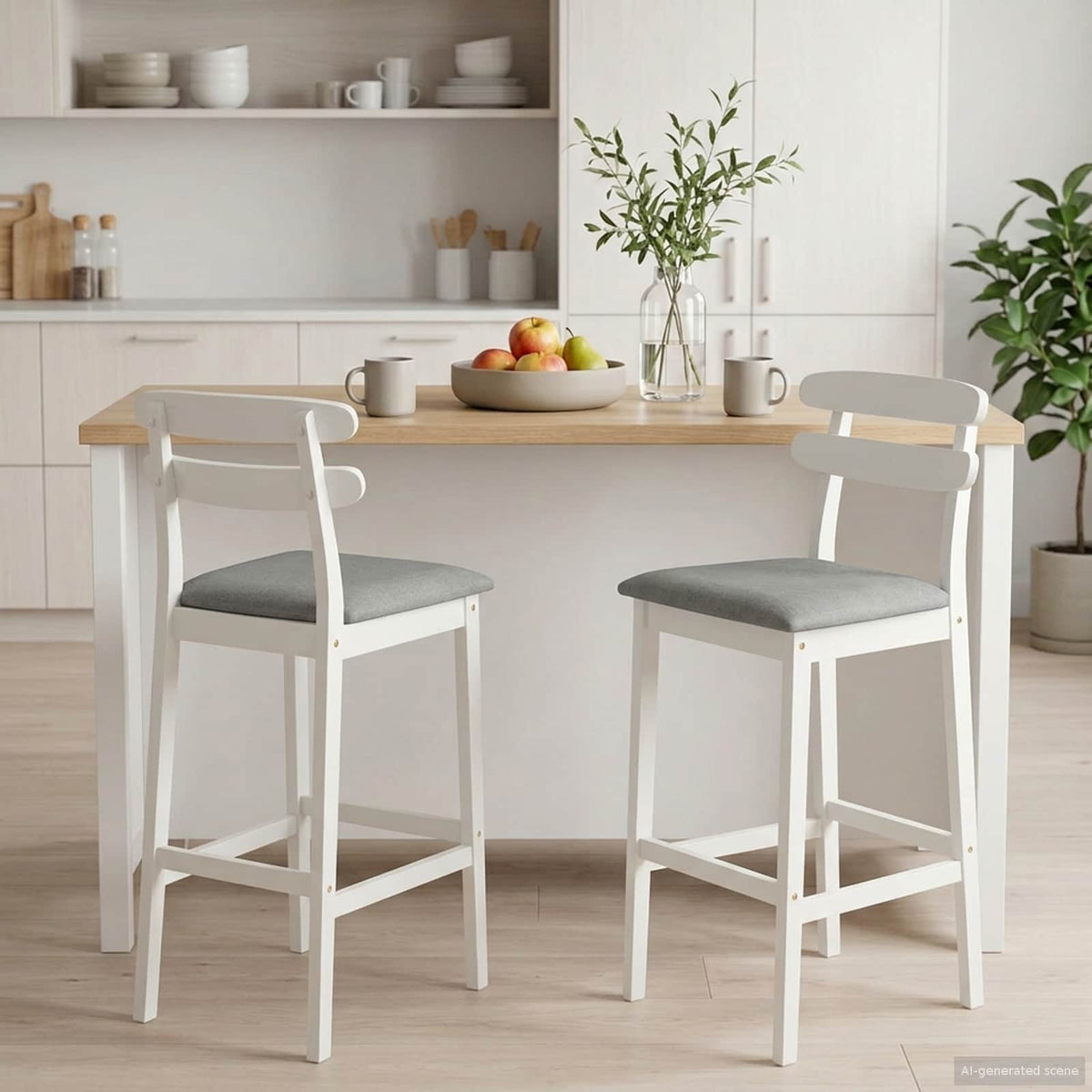 Barkruk 2 st Wit en Grijs Massief Rubberhout en Stof
