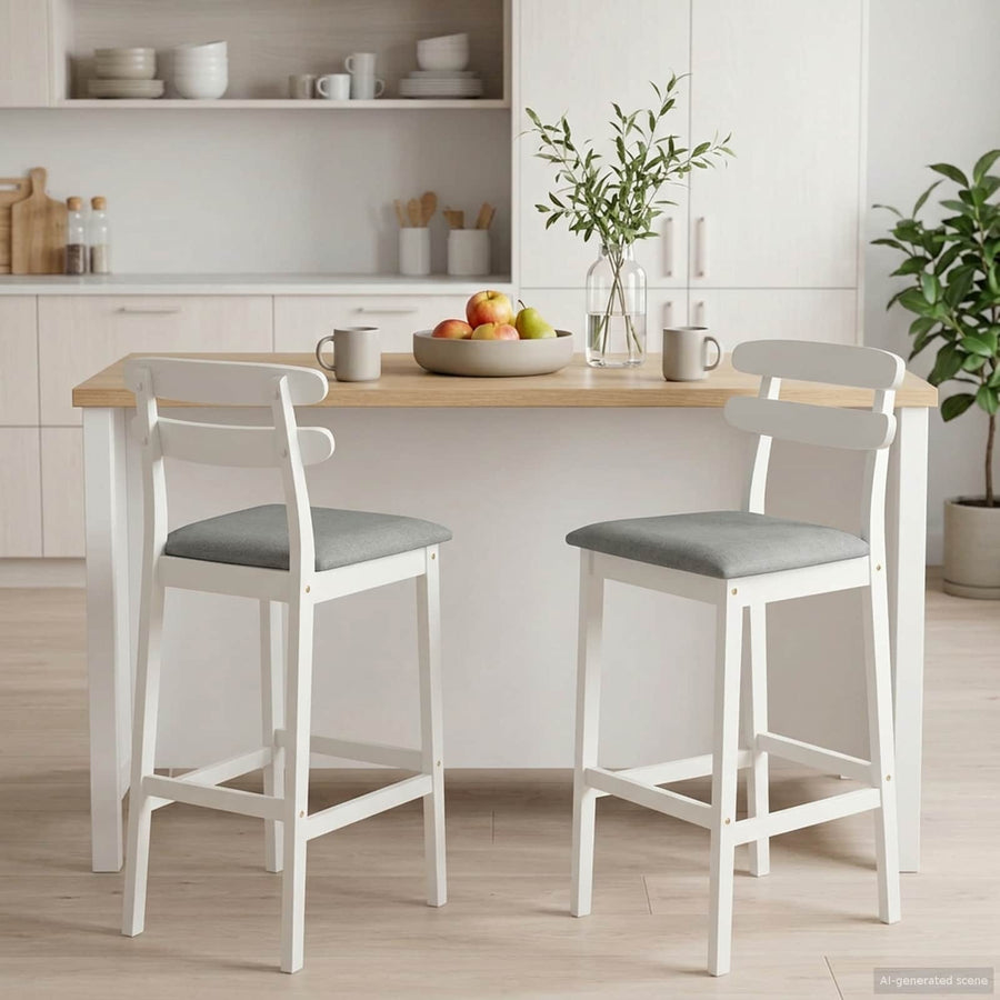 Barkruk 2 st Wit en Grijs Massief Rubberhout en Stof