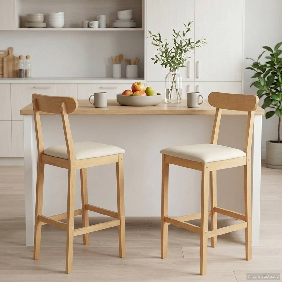 Barkruk 2 st Natuurlijk en Beige Massief Rubberhout en Stof