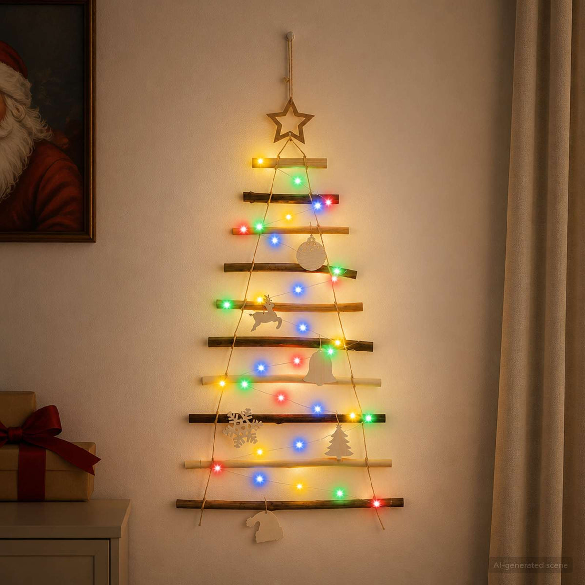 Hangende Kerstboom 90 cm 30 LED's Meerkleurig Massief essenhout