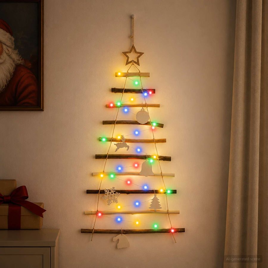 Hangende Kerstboom 90 cm 30 LED's Meerkleurig Massief essenhout