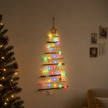 Hangende Kerstboom 90 cm 30 LED's Meerkleurig Massief essenhout