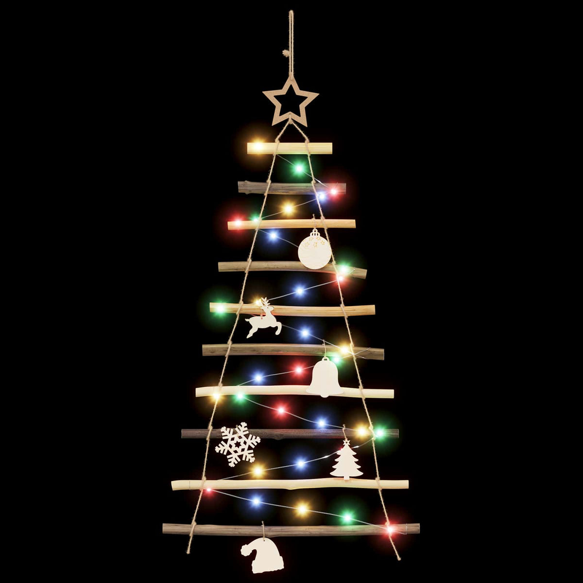 Hangende Kerstboom 90 cm 30 LED's Meerkleurig Massief essenhout