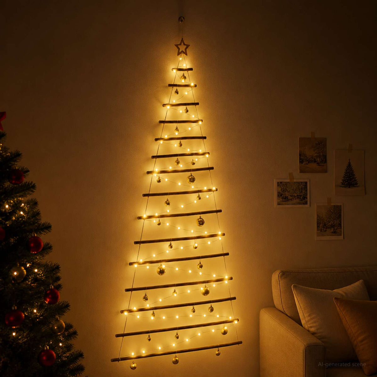 Hangende kerstboom met ballen 210 cm 130 LED's Warmwit