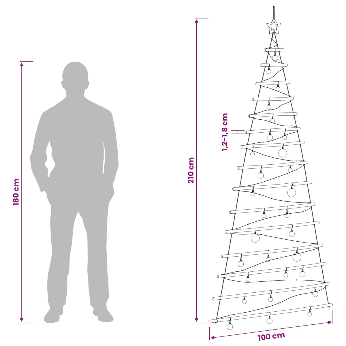 Hangende kerstboom met ballen 210 cm 130 LED's Warmwit