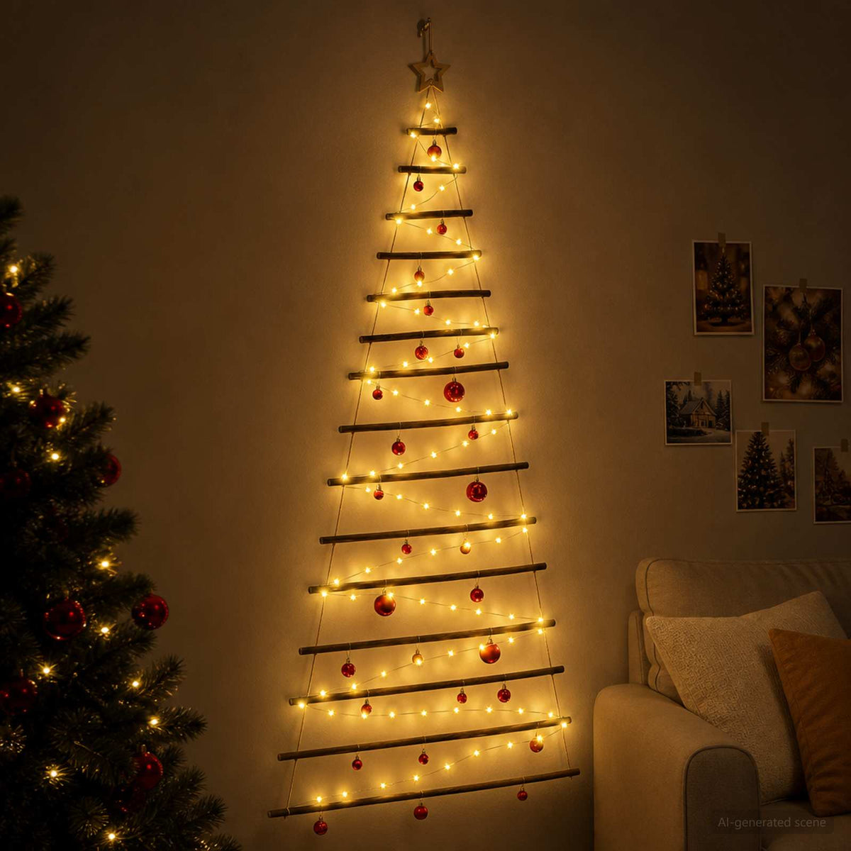 Hangende kerstboom met ballen 210 cm 130 LED's Warmwit