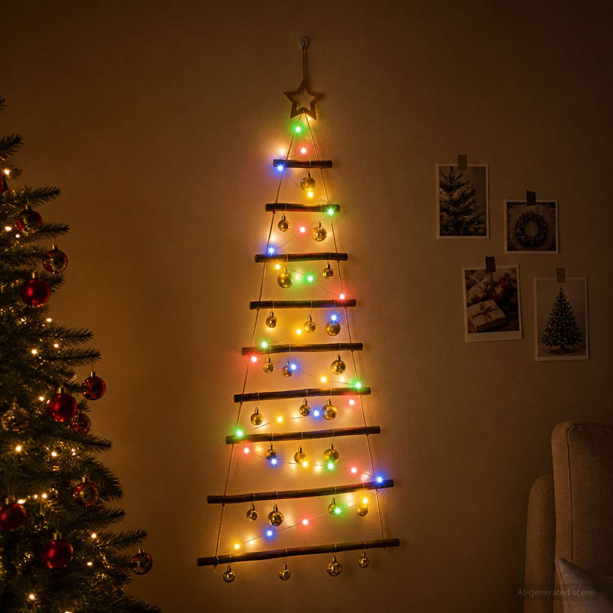Hangende kerstboom met ballen 120 cm 50 LED's Meerkleurig