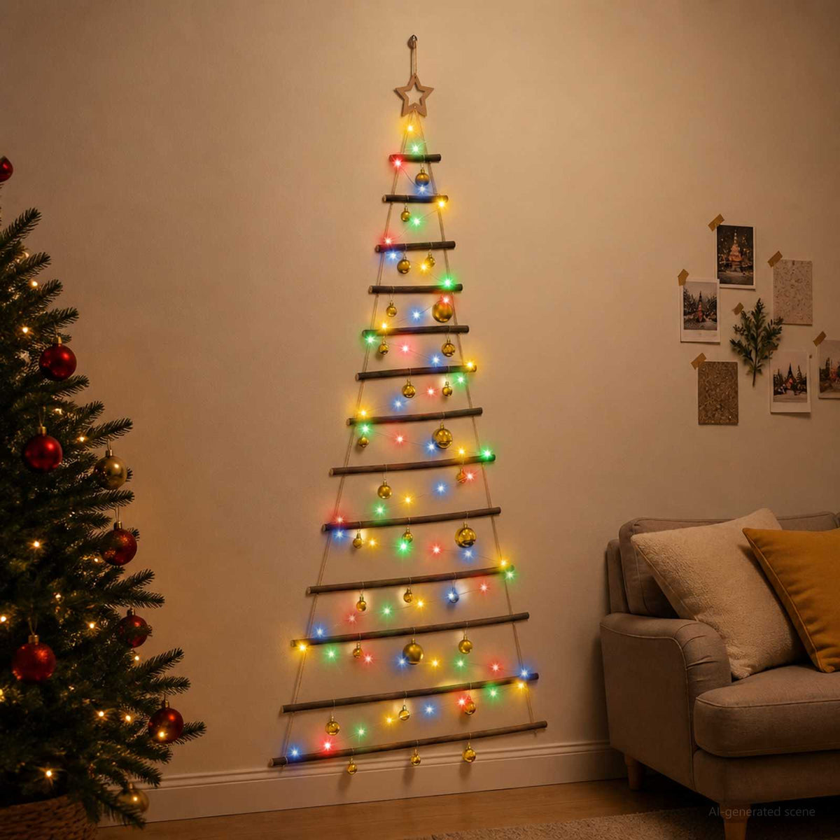 Hangende kerstboom met ballen 180 cm 100 LED's Meerkleurig