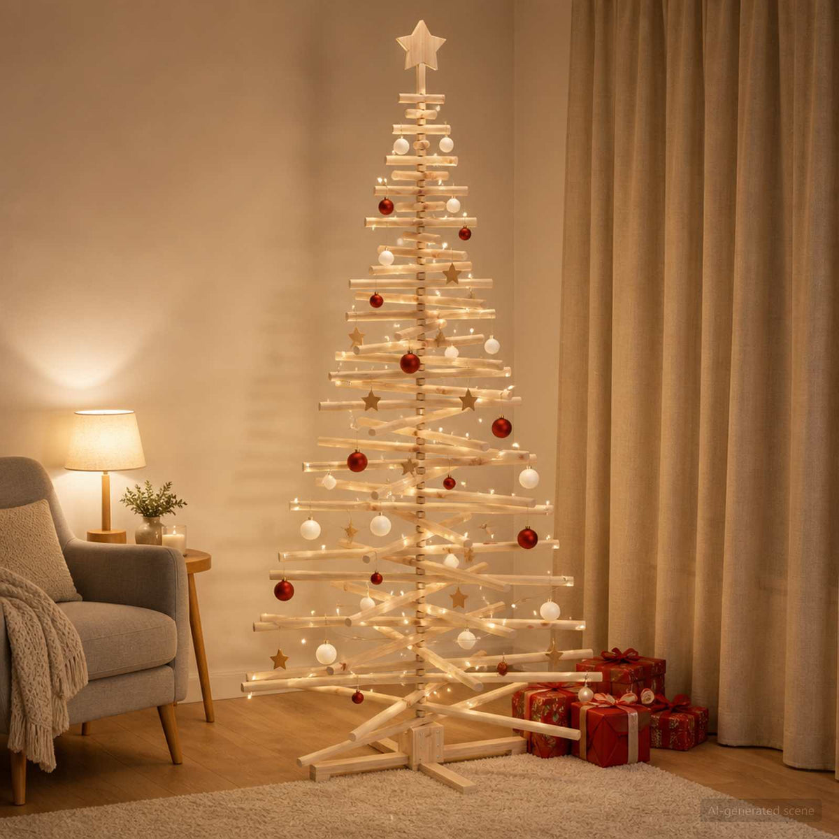 Houten kerstboom KOTKA 210 cm Massief grenenhout Natuurlijk