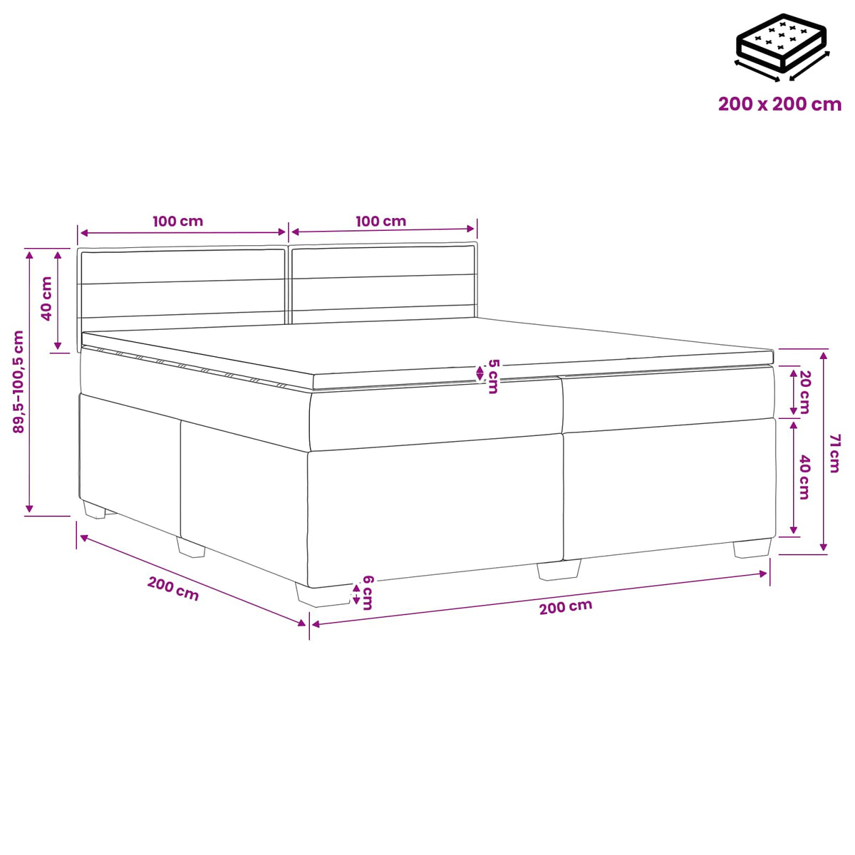 Boxspringbed met matras met hoofdeinde Blauw 200 x 200 cm Stof