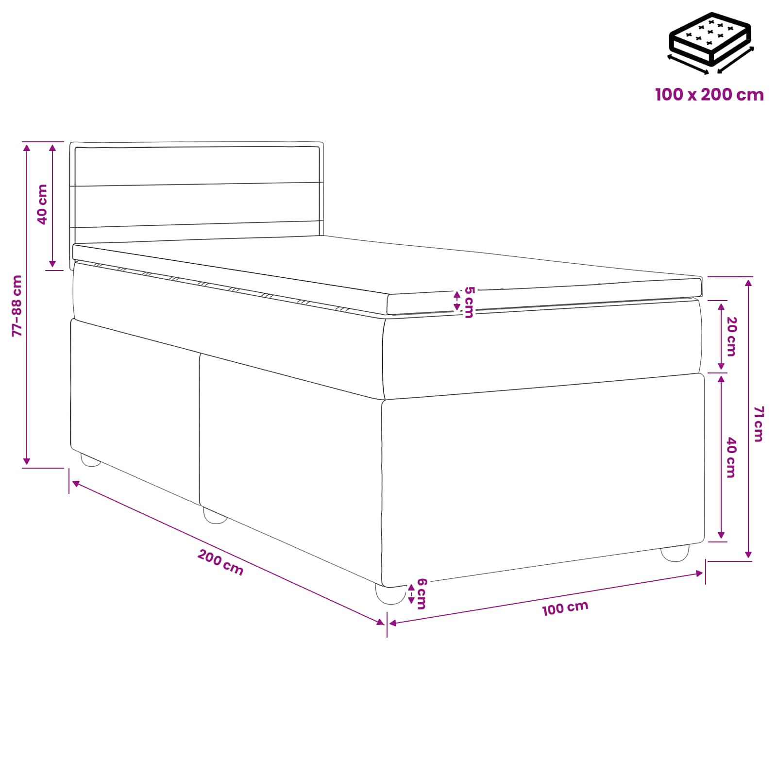 Boxspringbed met matras met hoofdeinde Zwart 100 x 200 cm Stof
