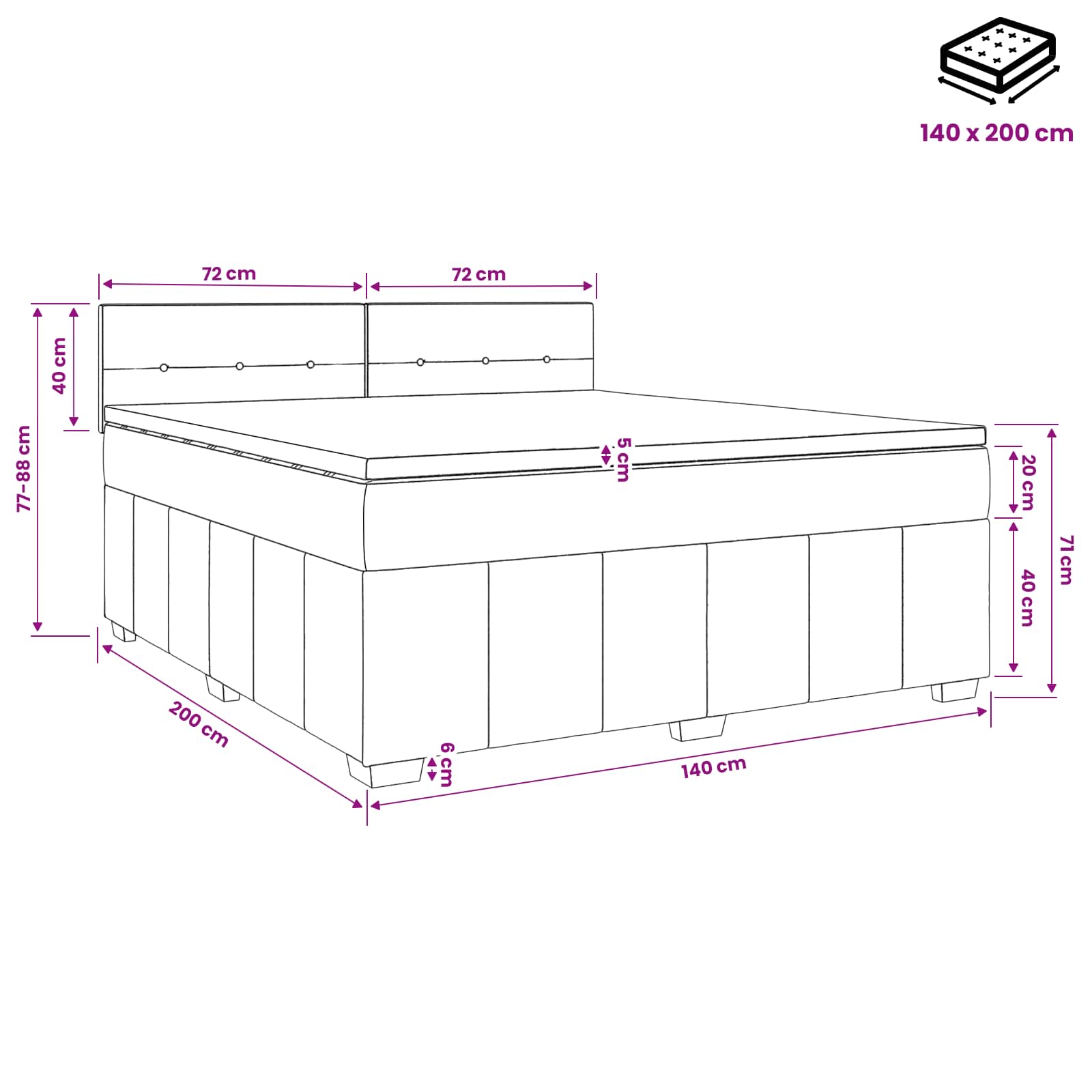 Boxspringbed met matras met hoofdeinde Zwart 140 x 200 cm Stof