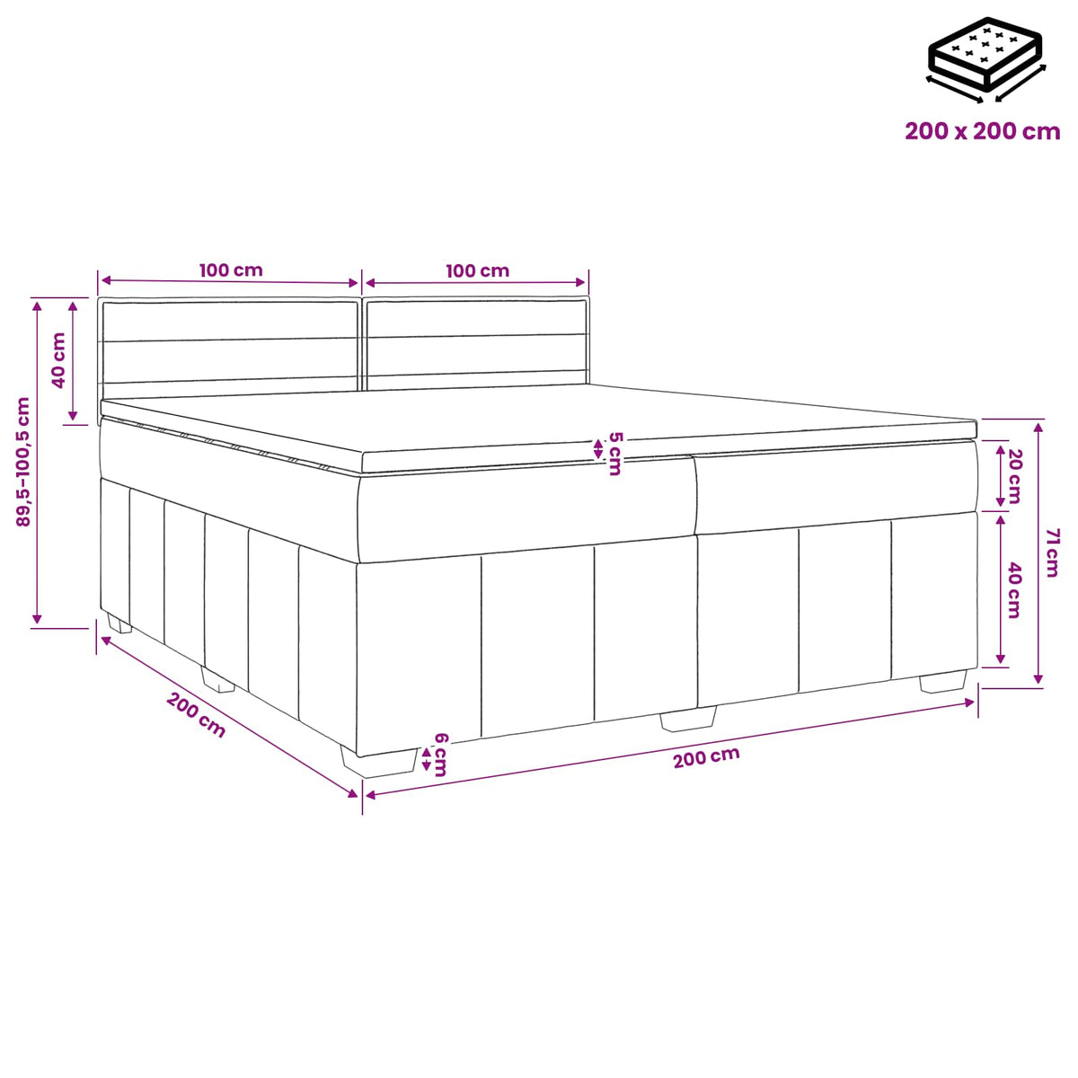 Boxspringbed met matras met hoofdeinde Blauw 200 x 200 cm Stof