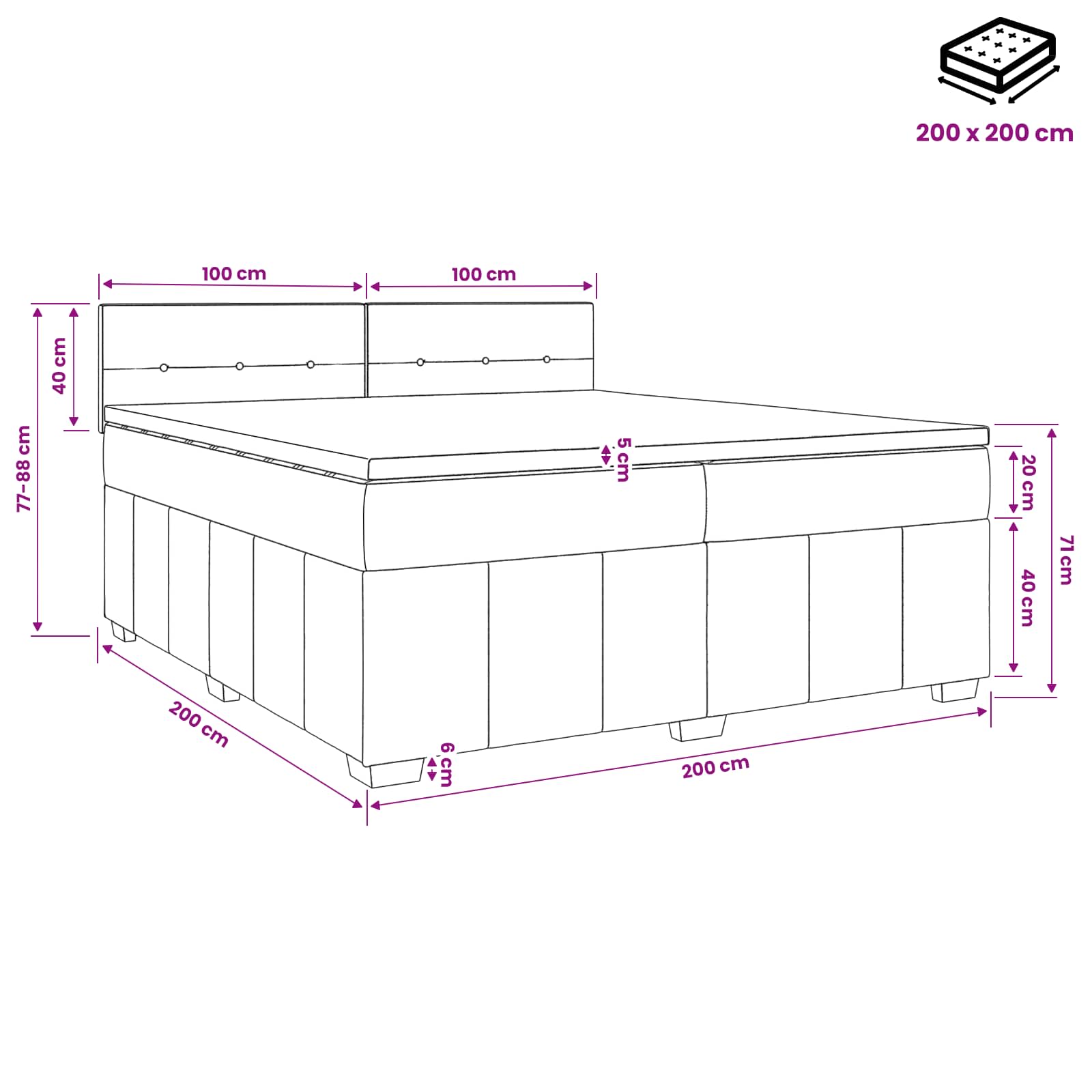 Boxspringbed met matras met hoofdeinde Zwart 200 x 200 cm Stof