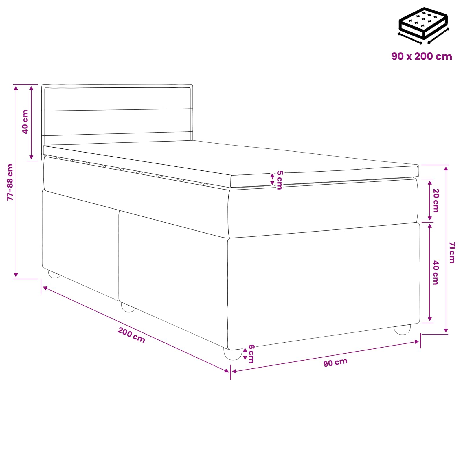 Boxspringbed met matras Lichtgrijs 90 x 200 cm Stof