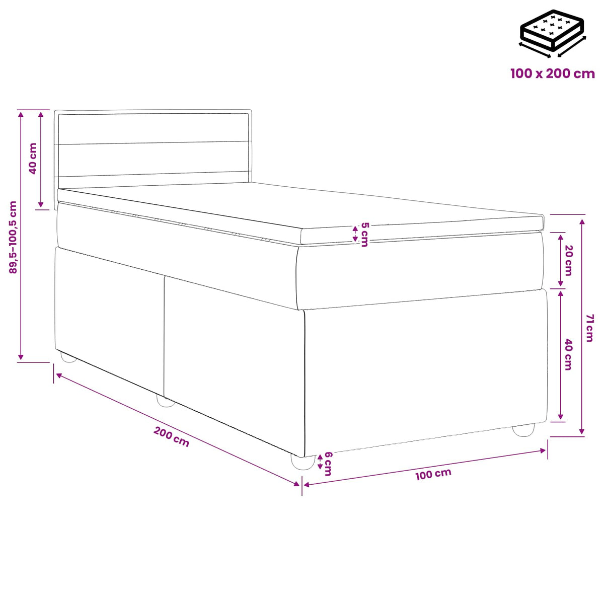 Boxspringbed met matras Donkergrijs 100 x 200 cm Stof
