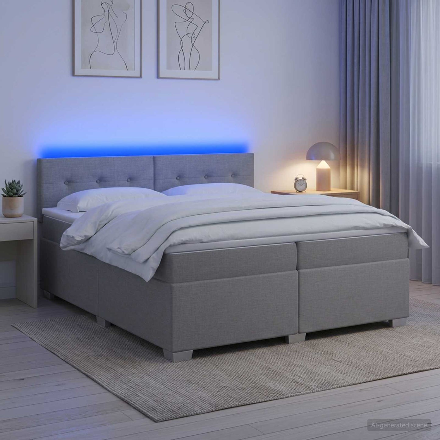 Boxspring Bed met Matras en LED Lichtgrijs 200 x 200 cm Stof