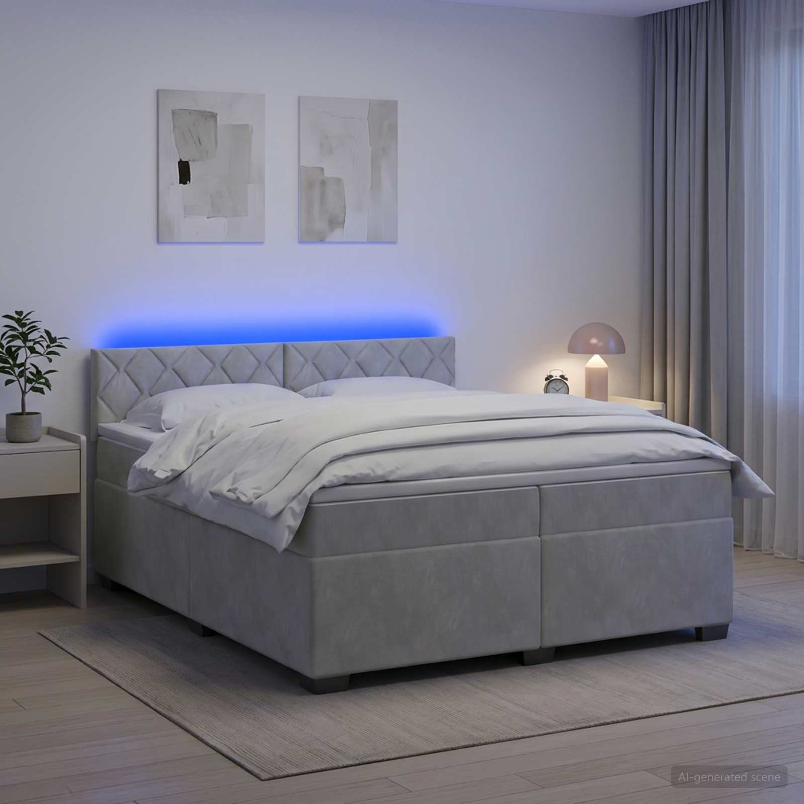 Boxspring Bed met Matras en LED Lichtgrijs 200 x 200 cm fluweel