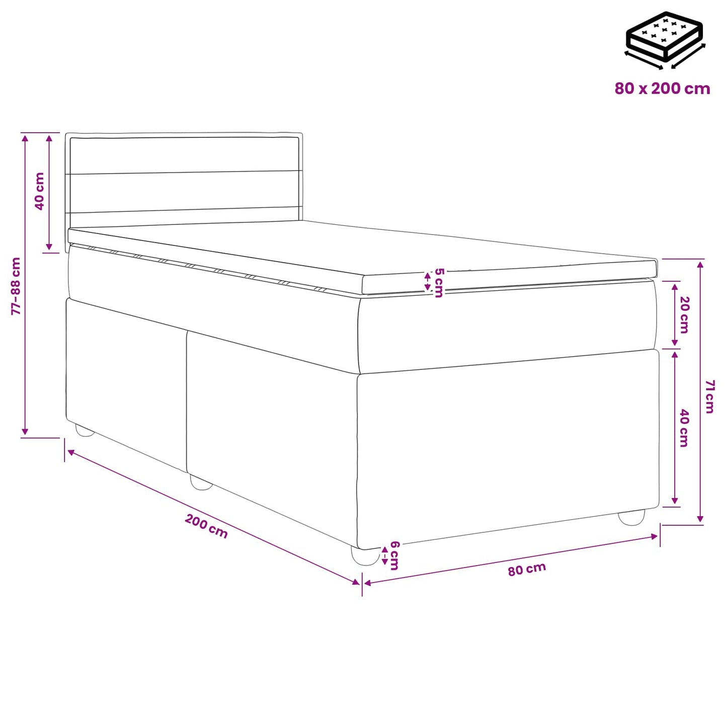 Boxspringbed met matras met hoofdeinde Zwart 80 x 200 cm Stof